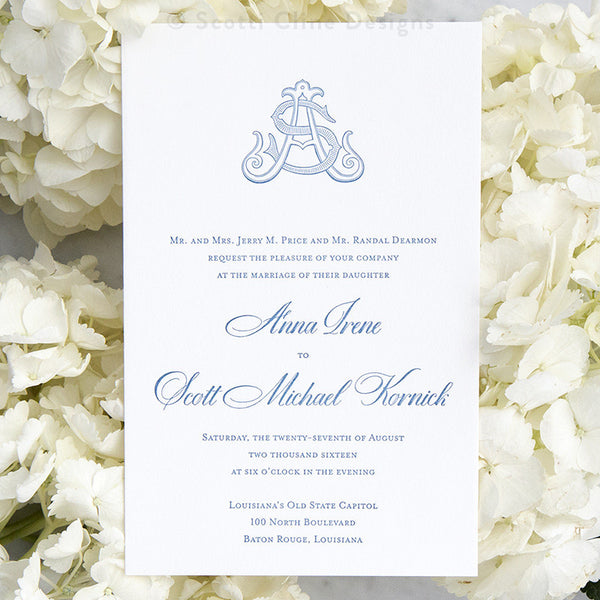 Dusty Blue Monogram Wedding Invitation - Scotti Cline Designs