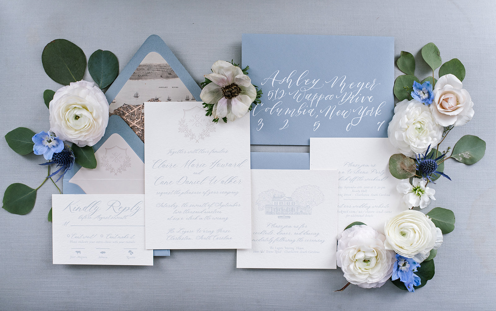 Wedding Invitation, Blue, Red, Silver Floral, Monogram